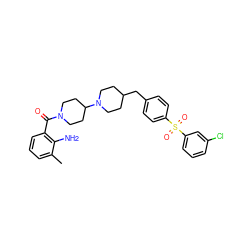 Cc1cccc(C(=O)N2CCC(N3CCC(Cc4ccc(S(=O)(=O)c5cccc(Cl)c5)cc4)CC3)CC2)c1N ZINC000003994912