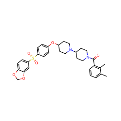 Cc1cccc(C(=O)N2CCC(N3CCC(Oc4ccc(S(=O)(=O)c5ccc6c(c5)OCO6)cc4)CC3)CC2)c1C ZINC000028004361