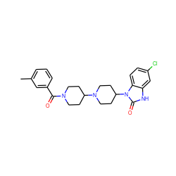 Cc1cccc(C(=O)N2CCC(N3CCC(n4c(=O)[nH]c5cc(Cl)ccc54)CC3)CC2)c1 ZINC000040407834