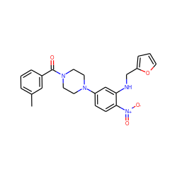 Cc1cccc(C(=O)N2CCN(c3ccc([N+](=O)[O-])c(NCc4ccco4)c3)CC2)c1 ZINC000004663711