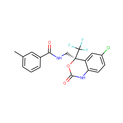 Cc1cccc(C(=O)NC[C@@]2(C(F)(F)F)OC(=O)Nc3ccc(Cl)cc32)c1 ZINC000045255464