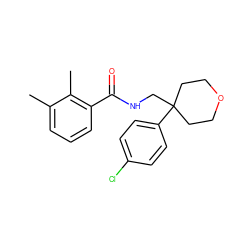 Cc1cccc(C(=O)NCC2(c3ccc(Cl)cc3)CCOCC2)c1C ZINC000056365535