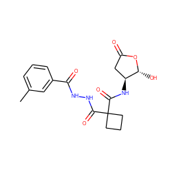 Cc1cccc(C(=O)NNC(=O)C2(C(=O)N[C@H]3CC(=O)O[C@@H]3O)CCC2)c1 ZINC000036092989