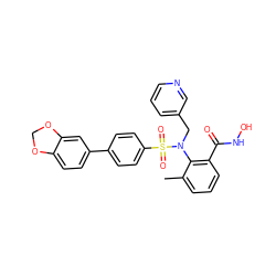 Cc1cccc(C(=O)NO)c1N(Cc1cccnc1)S(=O)(=O)c1ccc(-c2ccc3c(c2)OCO3)cc1 ZINC000026268107