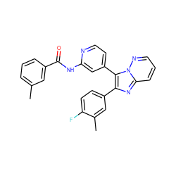 Cc1cccc(C(=O)Nc2cc(-c3c(-c4ccc(F)c(C)c4)nc4cccnn34)ccn2)c1 ZINC000146160679