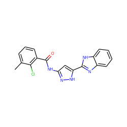 Cc1cccc(C(=O)Nc2cc(-c3nc4ccccc4[nH]3)[nH]n2)c1Cl ZINC000653808385