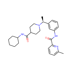 Cc1cccc(C(=O)Nc2cccc([C@H](C)N3CCC(C(=O)NC4CCCCC4)CC3)c2)n1 ZINC001772641336