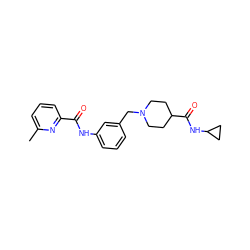 Cc1cccc(C(=O)Nc2cccc(CN3CCC(C(=O)NC4CC4)CC3)c2)n1 ZINC001772649401