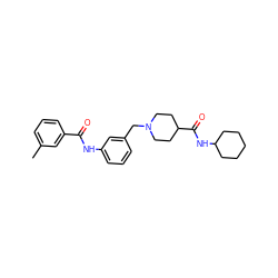 Cc1cccc(C(=O)Nc2cccc(CN3CCC(C(=O)NC4CCCCC4)CC3)c2)c1 ZINC000210652671