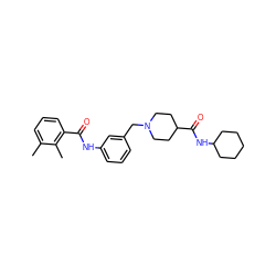 Cc1cccc(C(=O)Nc2cccc(CN3CCC(C(=O)NC4CCCCC4)CC3)c2)c1C ZINC001772638780