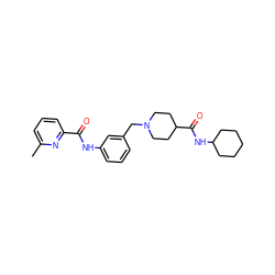 Cc1cccc(C(=O)Nc2cccc(CN3CCC(C(=O)NC4CCCCC4)CC3)c2)n1 ZINC000210605409