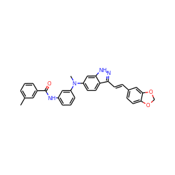 Cc1cccc(C(=O)Nc2cccc(N(C)c3ccc4c(/C=C/c5ccc6c(c5)OCO6)n[nH]c4c3)c2)c1 ZINC000166498509