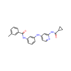 Cc1cccc(C(=O)Nc2cccc(Nc3ccnc(NC(=O)C4CC4)c3)c2)c1 ZINC000653851977