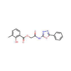 Cc1cccc(C(=O)OCC(=O)Nc2nnc(-c3ccccc3)o2)c1O ZINC000007700838