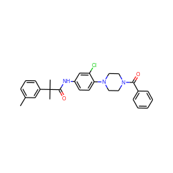 Cc1cccc(C(C)(C)C(=O)Nc2ccc(N3CCN(C(=O)c4ccccc4)CC3)c(Cl)c2)c1 ZINC000043024574