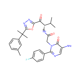 Cc1cccc(C(C)(C)c2nnc(C(=O)[C@@H](NC(=O)Cn3c(-c4ccc(F)cc4)ncc(N)c3=O)C(C)C)o2)c1 ZINC000028262843