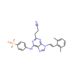 Cc1cccc(C)c1/C=C/n1cnc2c(Nc3ccc(P(C)(C)=O)cc3)nc(CCC#N)nc21 ZINC000040392715