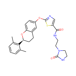 Cc1cccc(C)c1[C@@H]1CCc2cc(Oc3ncc(C(=O)NCCN4CCNC4=O)s3)ccc2O1 ZINC000169710731