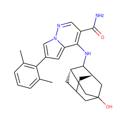 Cc1cccc(C)c1-c1cc2c(NC3[C@H]4CC5C[C@H]3CC(O)(C5)C4)c(C(N)=O)cnn2c1 ZINC000146103036