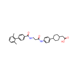 Cc1cccc(C)c1-c1ccc(C(=O)NCCC(=O)Nc2ccc(C3CCC(CC(=O)O)CC3)cc2)cc1 ZINC001772608075