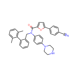 Cc1cccc(C)c1-c1ccccc1CN(C(=O)c1ccc(-c2ccc(C#N)cc2)o1)c1ccc(N2CCNCC2)cc1 ZINC000073220184