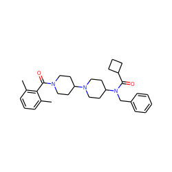 Cc1cccc(C)c1C(=O)N1CCC(N2CCC(N(Cc3ccccc3)C(=O)C3CCC3)CC2)CC1 ZINC000040898300