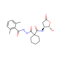 Cc1cccc(C)c1C(=O)NNC(=O)C1(C(=O)N[C@H]2CC(=O)O[C@@H]2O)CCCCC1 ZINC000037865592