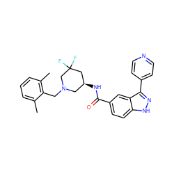 Cc1cccc(C)c1CN1C[C@H](NC(=O)c2ccc3[nH]nc(-c4ccncc4)c3c2)CC(F)(F)C1 ZINC000147767076