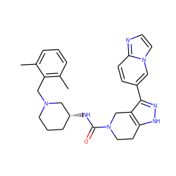 Cc1cccc(C)c1CN1CCC[C@@H](NC(=O)N2CCc3[nH]nc(-c4ccc5nccn5c4)c3C2)C1 ZINC000114630610