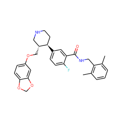 Cc1cccc(C)c1CNC(=O)c1cc([C@@H]2CCNC[C@H]2COc2ccc3c(c2)OCO3)ccc1F ZINC001772581099