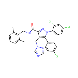 Cc1cccc(C)c1CNC(=O)c1nn(-c2ccc(Cl)cc2Cl)c(-c2ccc(Cl)cc2)c1Cn1cncn1 ZINC000049757497