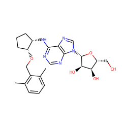 Cc1cccc(C)c1CO[C@@H]1CCC[C@@H]1Nc1ncnc2c1ncn2[C@@H]1O[C@H](CO)[C@@H](O)[C@H]1O ZINC000096169107