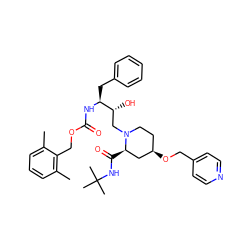 Cc1cccc(C)c1COC(=O)N[C@@H](Cc1ccccc1)[C@H](O)CN1CC[C@@H](OCc2ccncc2)C[C@H]1C(=O)NC(C)(C)C ZINC000014943144