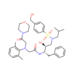 Cc1cccc(C)c1N(CC(=O)N[C@@H](Cc1ccccc1)[C@@H](O)CN(CC(C)C)S(=O)(=O)c1ccc(CO)cc1)CC(=O)N1CCOCC1 ZINC000299871452