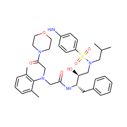 Cc1cccc(C)c1N(CC(=O)N[C@@H](Cc1ccccc1)[C@@H](O)CN(CC(C)C)S(=O)(=O)c1ccc(N)cc1)CC(=O)N1CCOCC1 ZINC000299862681