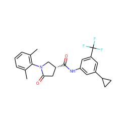 Cc1cccc(C)c1N1C[C@H](C(=O)Nc2cc(C3CC3)cc(C(F)(F)F)c2)CC1=O ZINC000205761935