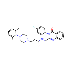 Cc1cccc(C)c1N1CCN(CCC(=O)NCc2nc3ccccc3c(=O)n2-c2ccc(F)cc2)CC1 ZINC000029123099