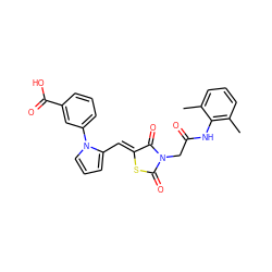 Cc1cccc(C)c1NC(=O)CN1C(=O)S/C(=C\c2cccn2-c2cccc(C(=O)O)c2)C1=O ZINC000008451841