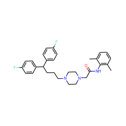 Cc1cccc(C)c1NC(=O)CN1CCN(CCCC(c2ccc(F)cc2)c2ccc(F)cc2)CC1 ZINC000022034381