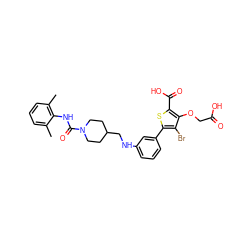 Cc1cccc(C)c1NC(=O)N1CCC(CNc2cccc(-c3sc(C(=O)O)c(OCC(=O)O)c3Br)c2)CC1 ZINC000028711567