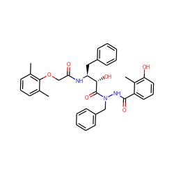 Cc1cccc(C)c1OCC(=O)N[C@@H](Cc1ccccc1)[C@H](O)C(=O)N(Cc1ccccc1)NC(=O)c1cccc(O)c1C ZINC000003989596