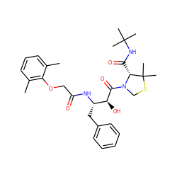 Cc1cccc(C)c1OCC(=O)N[C@@H](Cc1ccccc1)[C@H](O)C(=O)N1CSC(C)(C)[C@H]1C(=O)NC(C)(C)C ZINC000014943121