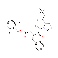 Cc1cccc(C)c1OCC(=O)N[C@@H](Cc1ccccc1)[C@H](O)C(=O)N1CSC[C@H]1C(=O)NC(C)(C)C ZINC000004392456