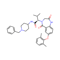 Cc1cccc(C)c1Oc1ccc2c(c1)C(=O)N([C@@H](C(=O)NC1CCN(Cc3ccccc3)CC1)C(C)C)CC(=O)N2 ZINC000084597192