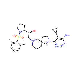 Cc1cccc(C)c1S(=O)(=O)N1CCC[C@H]1[C@@H](O)CN1CCC[C@@]2(CCN(c3ncnc(N)c3C3CC3)C2)C1 ZINC000071318130