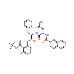 Cc1cccc(C[C@@H](O)[C@H](Cc2ccccc2)NC(=O)[C@H](CC(N)=O)NC(=O)c2ccc3ccccc3n2)c1C(=O)NC(C)(C)C ZINC000028771067