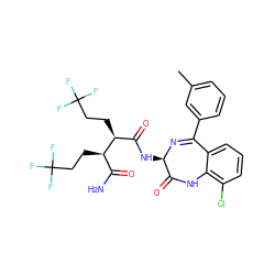 Cc1cccc(C2=N[C@H](NC(=O)[C@H](CCC(F)(F)F)[C@H](CCC(F)(F)F)C(N)=O)C(=O)Nc3c(Cl)cccc32)c1 ZINC000210767745