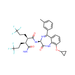 Cc1cccc(C2=N[C@H](NC(=O)[C@H](CCC(F)(F)F)[C@H](CCC(F)(F)F)C(N)=O)C(=O)Nc3c(OC4CC4)cccc32)c1 ZINC000210744559