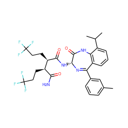 Cc1cccc(C2=N[C@H](NC(=O)[C@H](CCC(F)(F)F)[C@H](CCC(F)(F)F)C(N)=O)C(=O)Nc3c2cccc3C(C)C)c1 ZINC000210733487