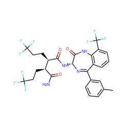 Cc1cccc(C2=N[C@H](NC(=O)[C@H](CCC(F)(F)F)[C@H](CCC(F)(F)F)C(N)=O)C(=O)Nc3c2cccc3C(F)(F)F)c1 ZINC000210722768